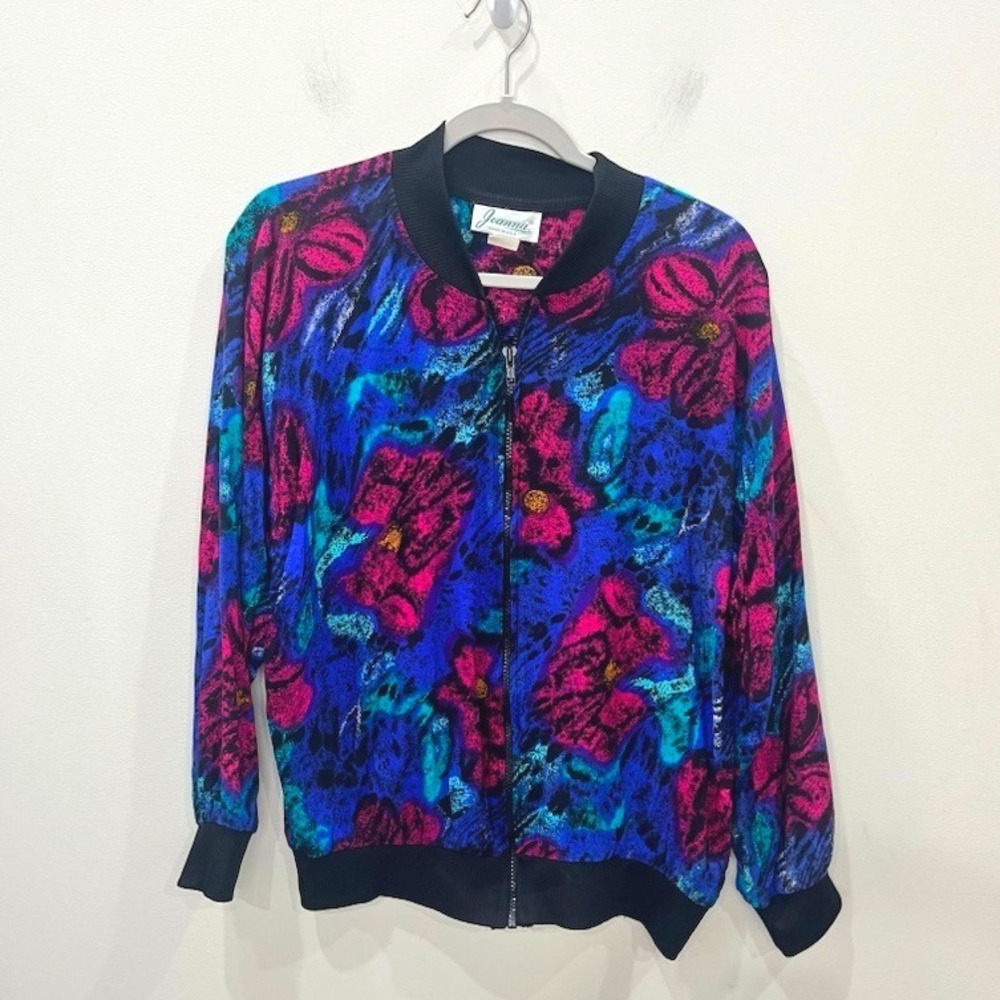 80s 90s Abstract Floral Bomber Jacket L Whimsygoth Indie Quirky Festival Artsy